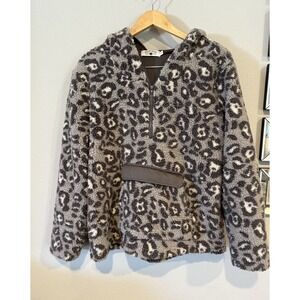 Crazy Train Cheetah Leopard Animal Print Sherpa Half Zip Pullover Hoodie Women L